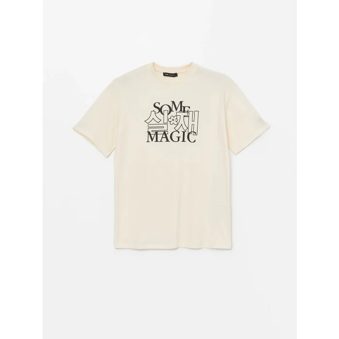 LCW Modest Ekru Bisiklet Yaka Baskılı Kısa Kollu Kadın Tişört