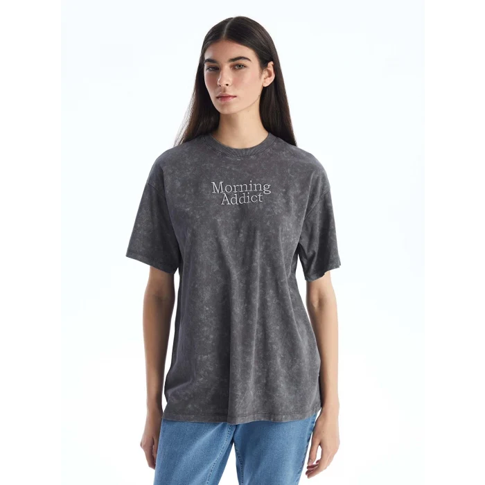 LCW Modest Antrasit Bisiklet Yaka Baskılı Kısa Kollu Kadın Tişört