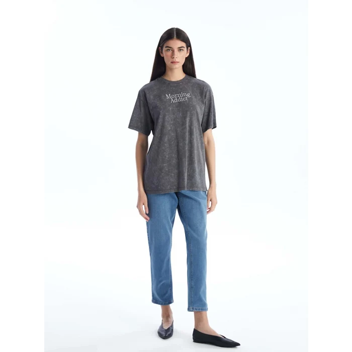 LCW Modest Antrasit Bisiklet Yaka Baskılı Kısa Kollu Kadın Tişört