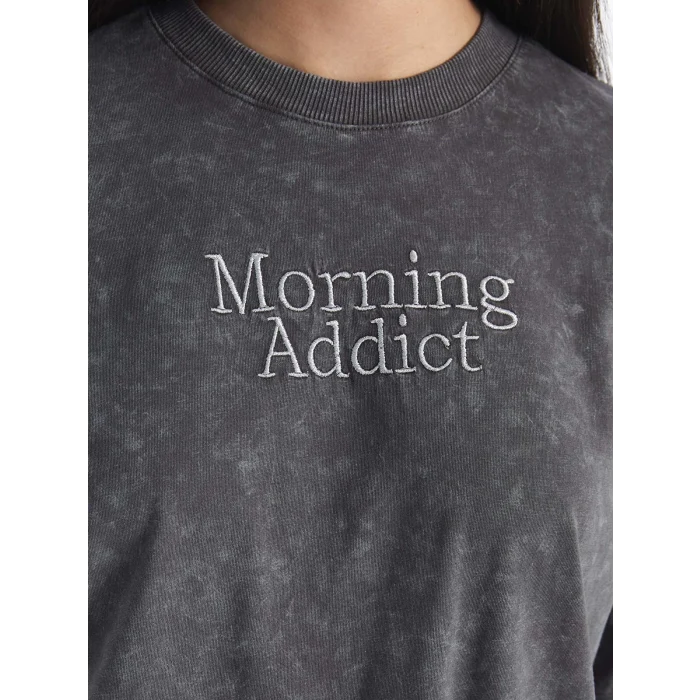 LCW Modest Antrasit Bisiklet Yaka Baskılı Kısa Kollu Kadın Tişört