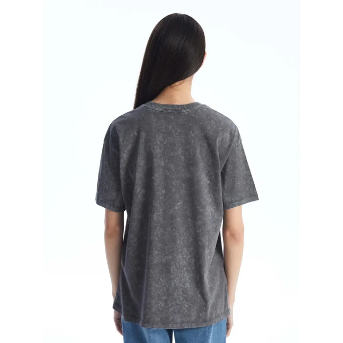 LCW Modest Antrasit Bisiklet Yaka Baskılı Kısa Kollu Kadın Tişört