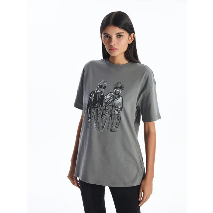 LCW Modest Gri Bisiklet Yaka Baskılı Kısa Kollu Kadın Tişört