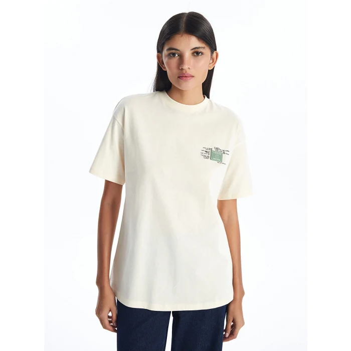 LCW Modest Ekru Bisiklet Yaka Baskılı Kısa Kollu Kadın Tişört