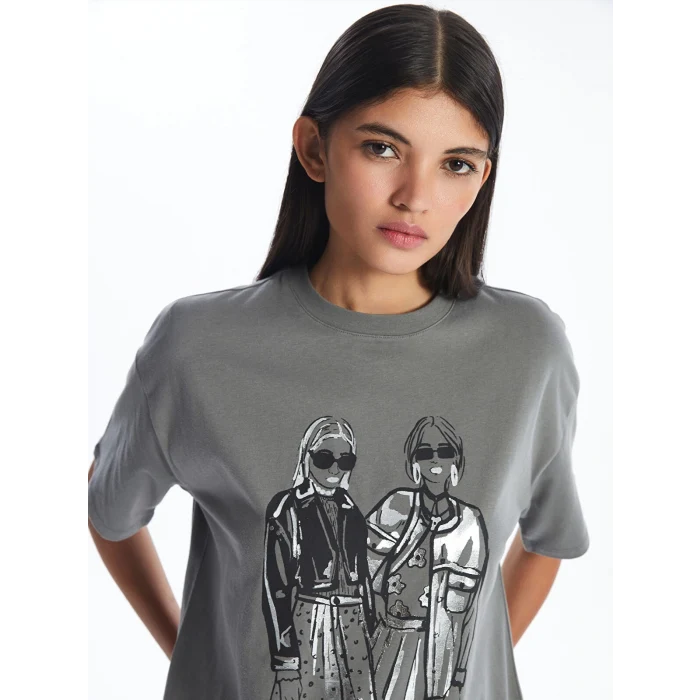 LCW Modest Gri Bisiklet Yaka Baskılı Kısa Kollu Kadın Tişört