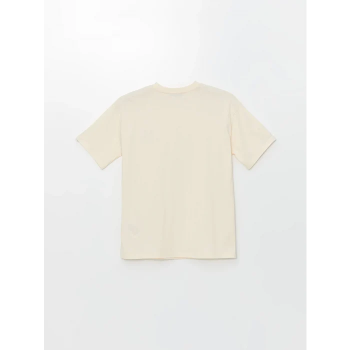 LCW Modest Ekru Bisiklet Yaka Baskılı Kısa Kollu Kadın Tişört