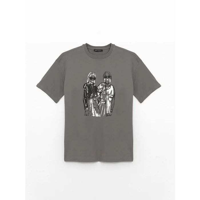 LCW Modest Gri Bisiklet Yaka Baskılı Kısa Kollu Kadın Tişört