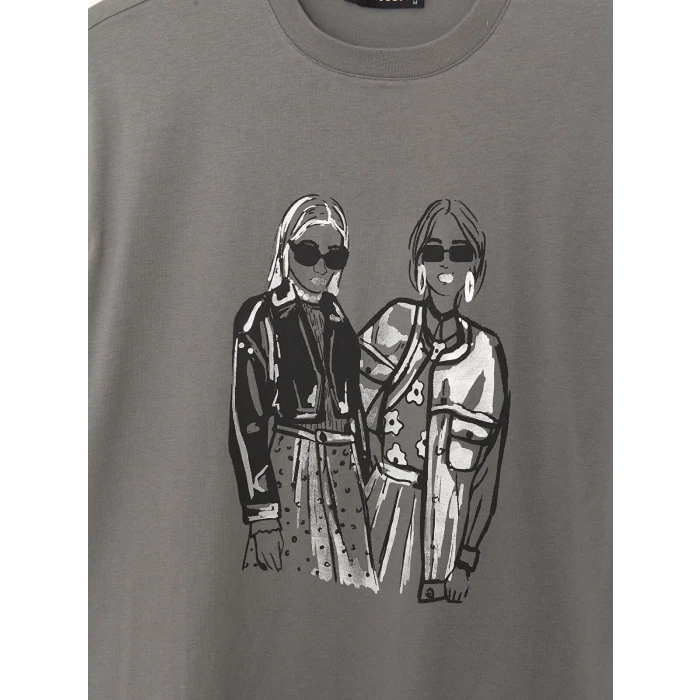 LCW Modest Gri Bisiklet Yaka Baskılı Kısa Kollu Kadın Tişört