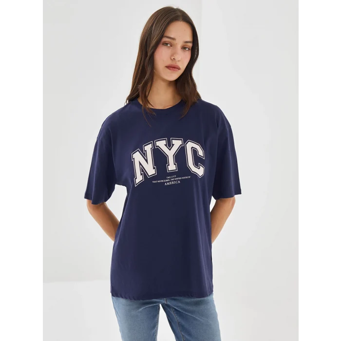 LCW Vision Lacivert Bisiklet Yaka Baskılı Kısa Kollu Oversize Kadın Tişört