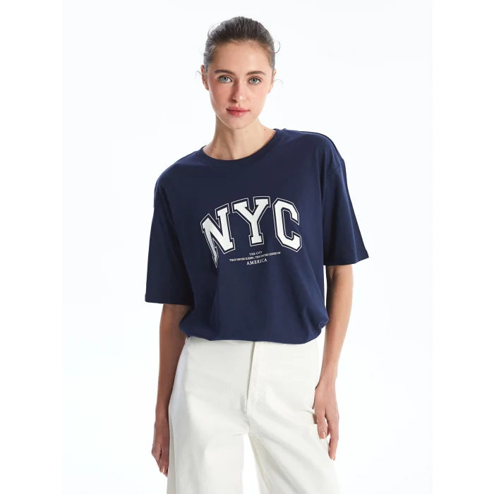 LCW Vision Lacivert Bisiklet Yaka Baskılı Kısa Kollu Oversize Kadın Tişört