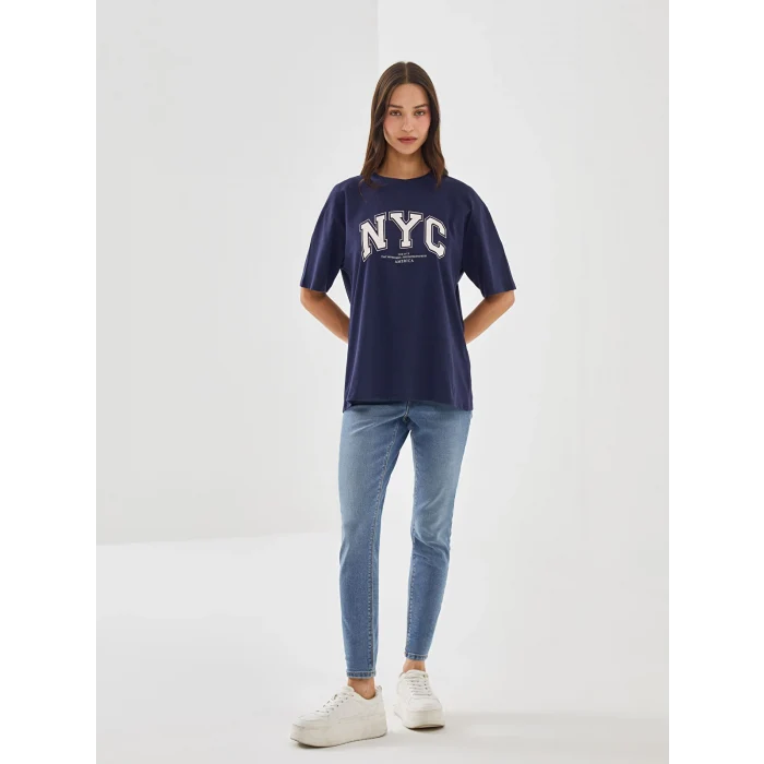LCW Vision Lacivert Bisiklet Yaka Baskılı Kısa Kollu Oversize Kadın Tişört