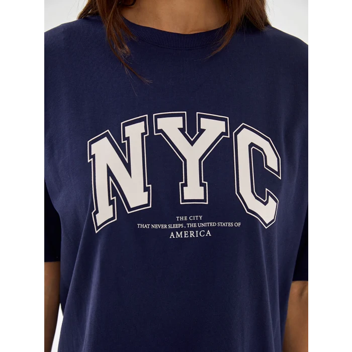 LCW Vision Lacivert Bisiklet Yaka Baskılı Kısa Kollu Oversize Kadın Tişört