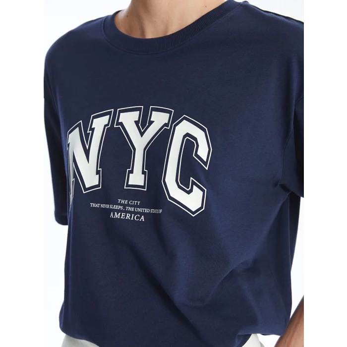 LCW Vision Lacivert Bisiklet Yaka Baskılı Kısa Kollu Oversize Kadın Tişört