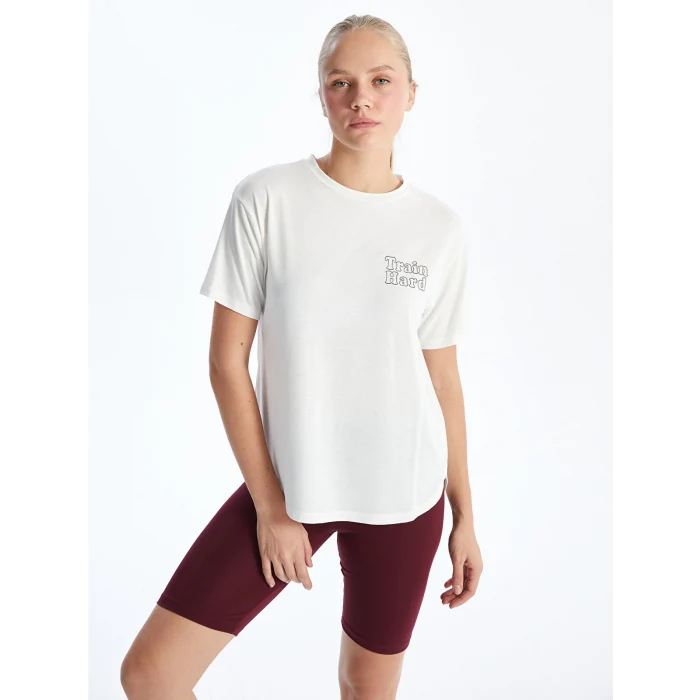 XSIDE ACTIVE Beyaz Bisiklet Yaka Baskılı Kadın Spor Tişört