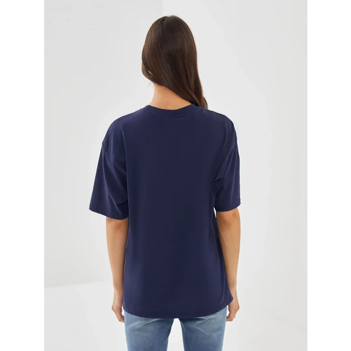 LCW Vision Lacivert Bisiklet Yaka Baskılı Kısa Kollu Oversize Kadın Tişört