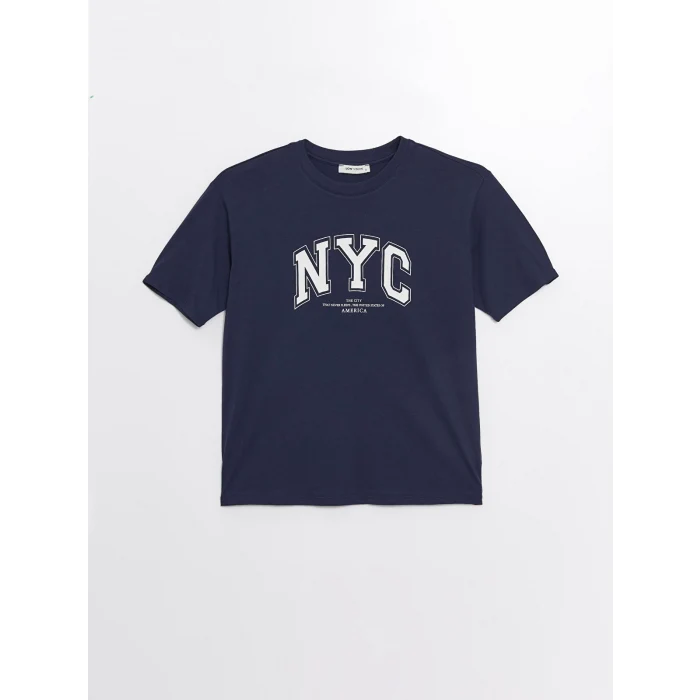 LCW Vision Lacivert Bisiklet Yaka Baskılı Kısa Kollu Oversize Kadın Tişört