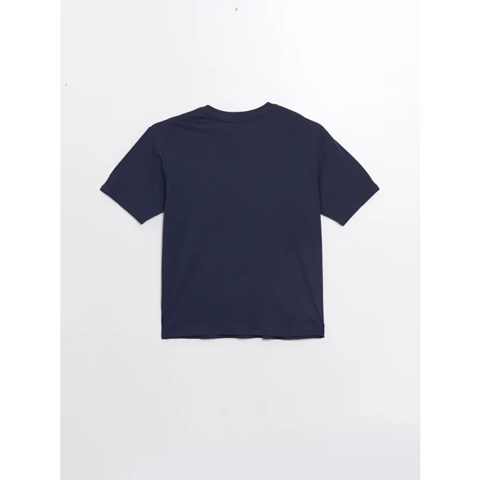 LCW Vision Lacivert Bisiklet Yaka Baskılı Kısa Kollu Oversize Kadın Tişört