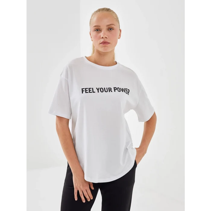 XSIDE ACTIVE Beyaz Bisiklet Yaka Baskılı Kadın Spor Tişört