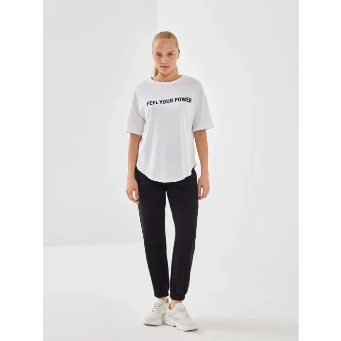 XSIDE ACTIVE Beyaz Bisiklet Yaka Baskılı Kadın Spor Tişört