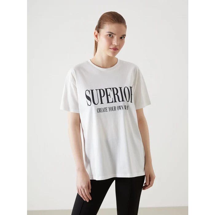 XSIDE ACTIVE Beyaz Bisiklet Yaka Baskılı Kadın Spor Tişört