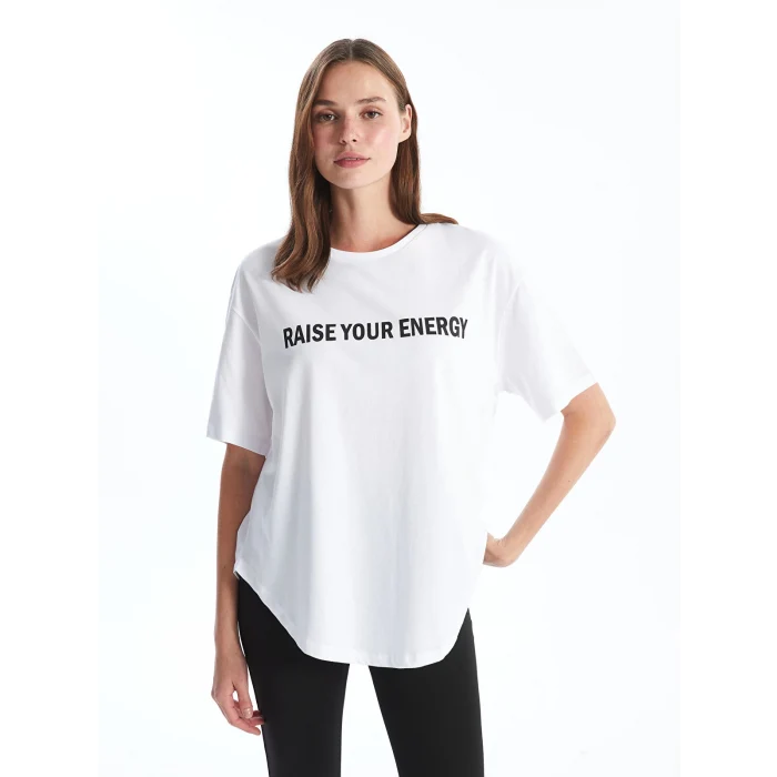 XSIDE ACTIVE Beyaz Bisiklet Yaka Baskılı Kadın Spor Tişört