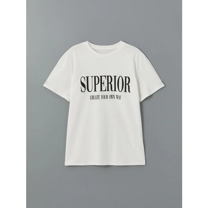 XSIDE ACTIVE Beyaz Bisiklet Yaka Baskılı Kadın Spor Tişört