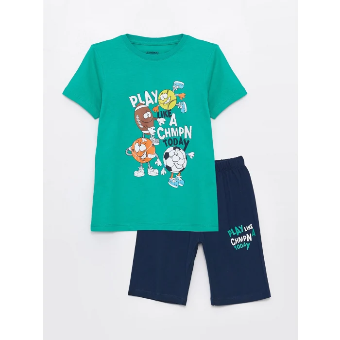 LCW Kids Yeşil Bisiklet Yaka Baskılı Kısa Kollu Erkek Çocuk Şortlu Pijama Takımı