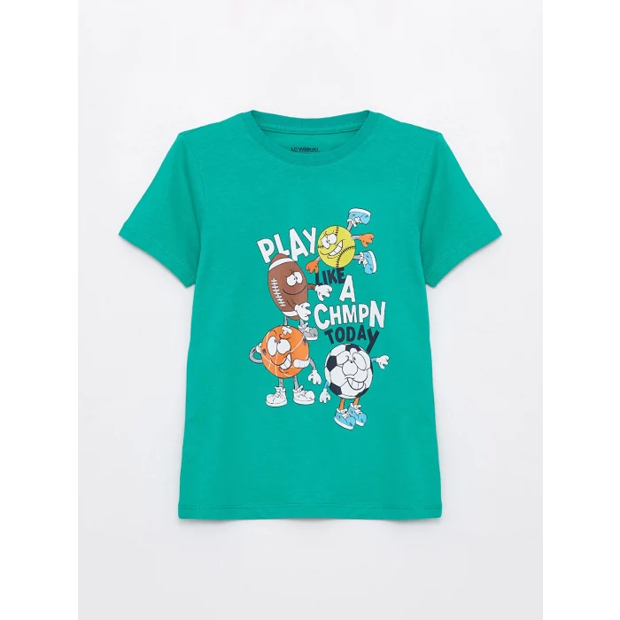 LCW Kids Yeşil Bisiklet Yaka Baskılı Kısa Kollu Erkek Çocuk Şortlu Pijama Takımı