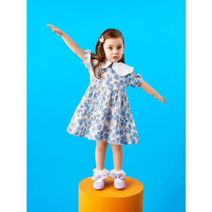 LCW baby Ekru Bebe Yaka Kısa Kollu Desenli Kız Bebek Elbise