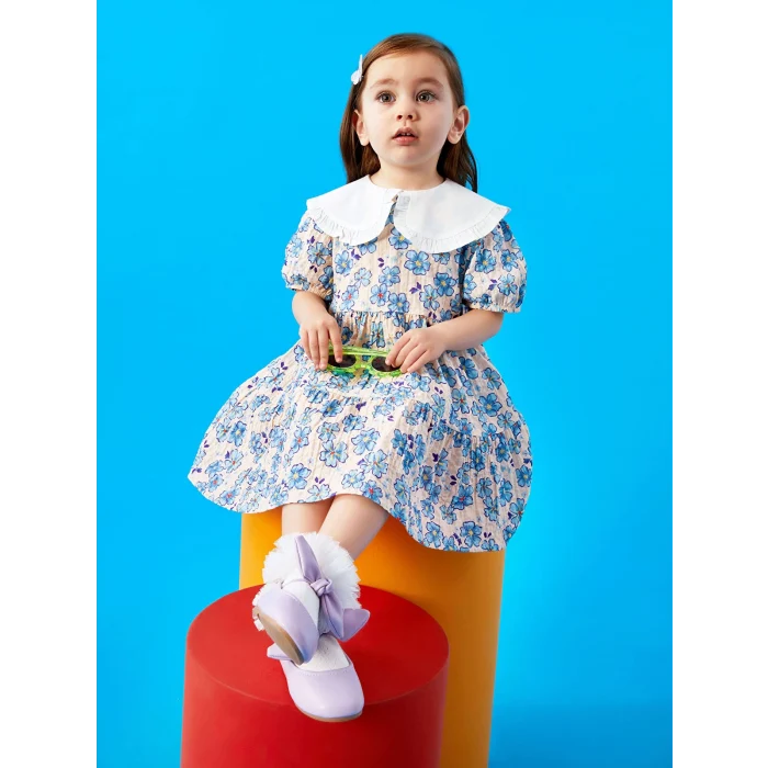 LCW baby Ekru Bebe Yaka Kısa Kollu Desenli Kız Bebek Elbise