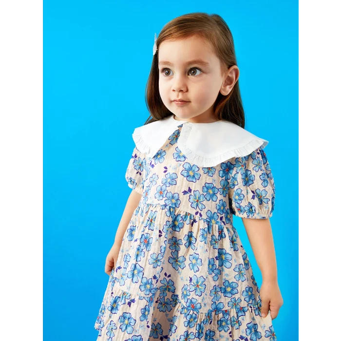 LCW baby Ekru Bebe Yaka Kısa Kollu Desenli Kız Bebek Elbise