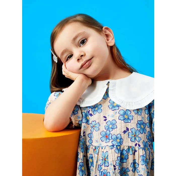 LCW baby Ekru Bebe Yaka Kısa Kollu Desenli Kız Bebek Elbise