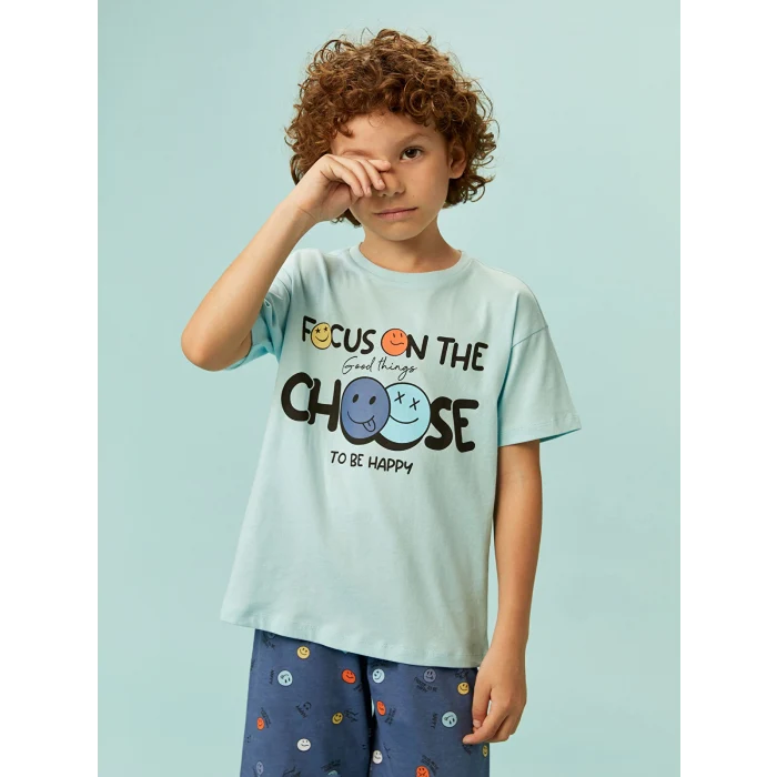 LCW Kids Mavi Bisiklet Yaka Baskılı Erkek Çocuk Şortlu Pijama Takımı