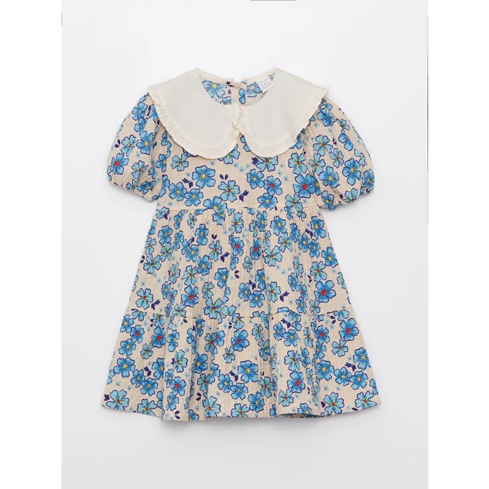 LCW baby Ekru Bebe Yaka Kısa Kollu Desenli Kız Bebek Elbise