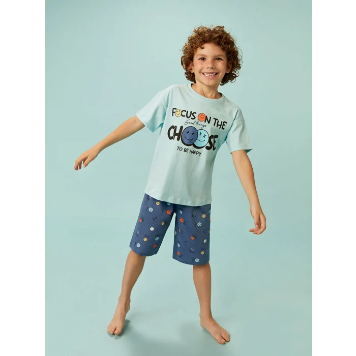LCW Kids Mavi Bisiklet Yaka Baskılı Erkek Çocuk Şortlu Pijama Takımı