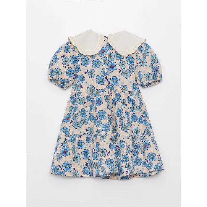 LCW baby Ekru Bebe Yaka Kısa Kollu Desenli Kız Bebek Elbise