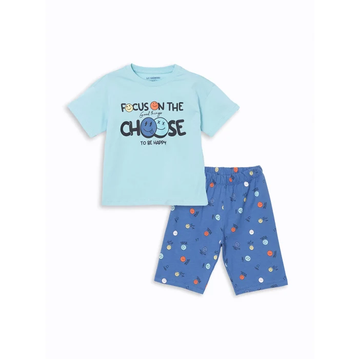 LCW Kids Mavi Bisiklet Yaka Baskılı Erkek Çocuk Şortlu Pijama Takımı