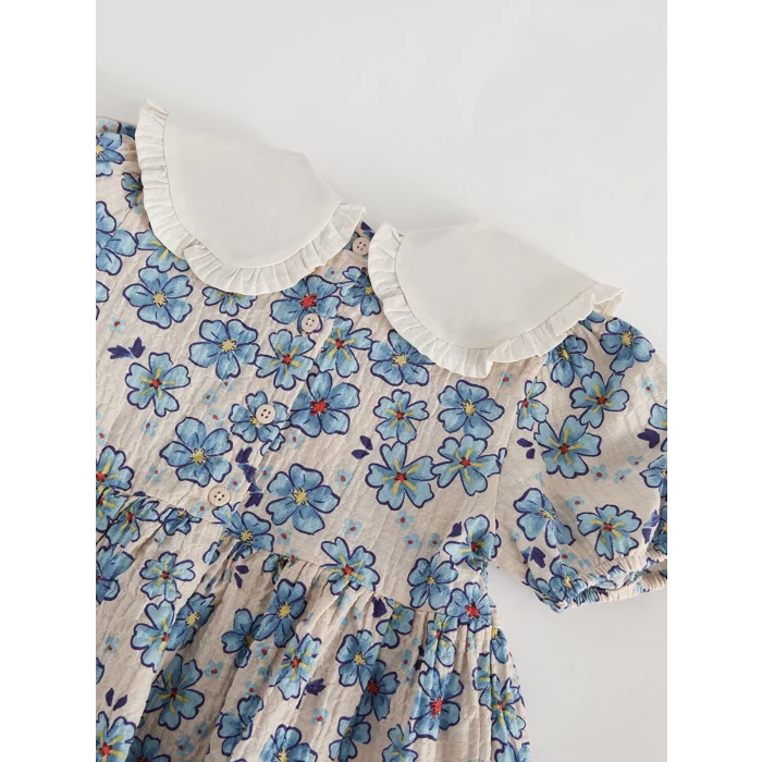 LCW baby Ekru Bebe Yaka Kısa Kollu Desenli Kız Bebek Elbise