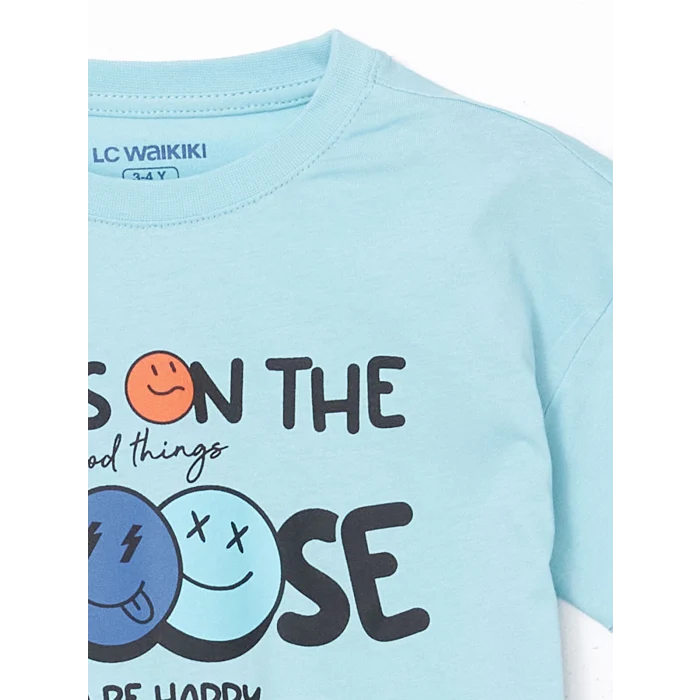 LCW Kids Mavi Bisiklet Yaka Baskılı Erkek Çocuk Şortlu Pijama Takımı