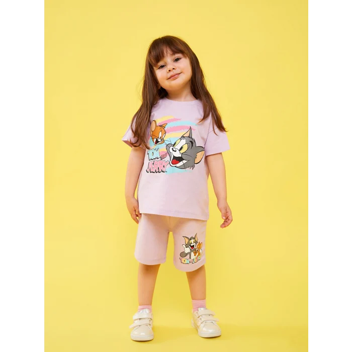 LCW baby Lila Bisiklet Yaka Kısa Kollu Tom ve Jerry Baskılı Kız Bebek Tişört ve Şort 2li Takım