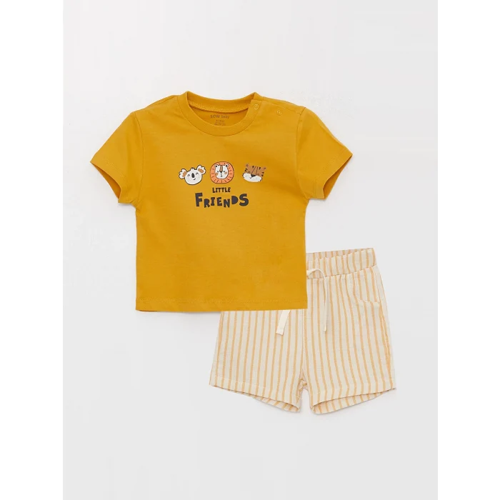 LCW baby Sari Bisiklet Yaka Baskılı Erkek Bebek Tişört ve Şort 2li Takım