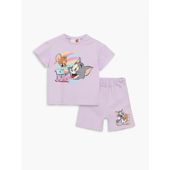 LCW baby Lila Bisiklet Yaka Kısa Kollu Tom ve Jerry Baskılı Kız Bebek Tişört ve Şort 2li Takım