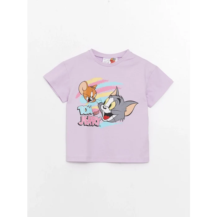 LCW baby Lila Bisiklet Yaka Kısa Kollu Tom ve Jerry Baskılı Kız Bebek Tişört ve Şort 2li Takım