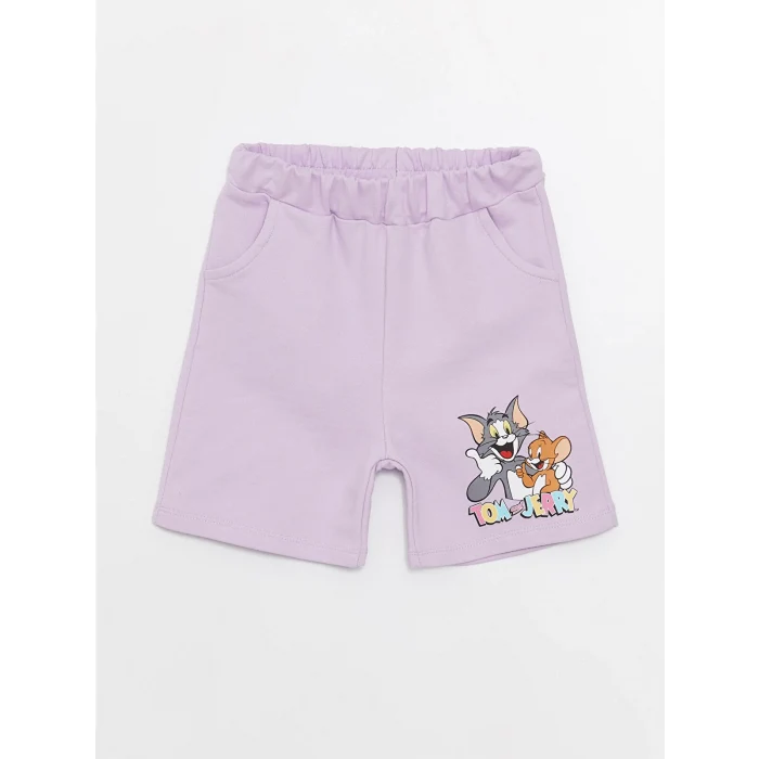LCW baby Lila Bisiklet Yaka Kısa Kollu Tom ve Jerry Baskılı Kız Bebek Tişört ve Şort 2li Takım