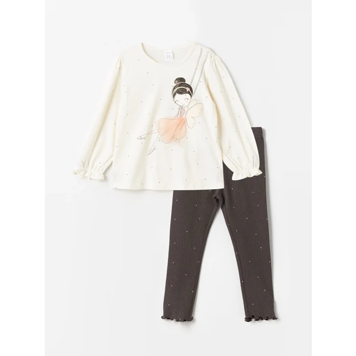 LCW Kids Ekru Bisiklet Yaka Uzun Kollu Baskılı Kız Bebek Bluz ve Tayt 2li Takım