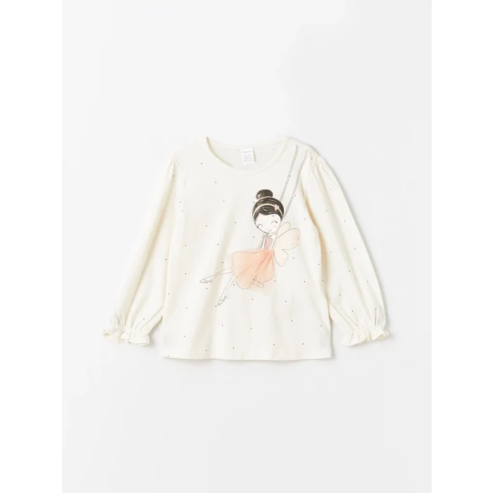 LCW Kids Ekru Bisiklet Yaka Uzun Kollu Baskılı Kız Bebek Bluz ve Tayt 2li Takım