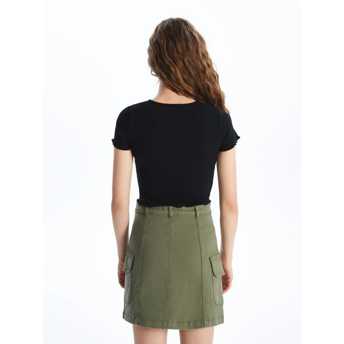 XSIDE Siyah Bisiklet Yaka Nakışlı Kısa Kollu Crop Kadın Tişört