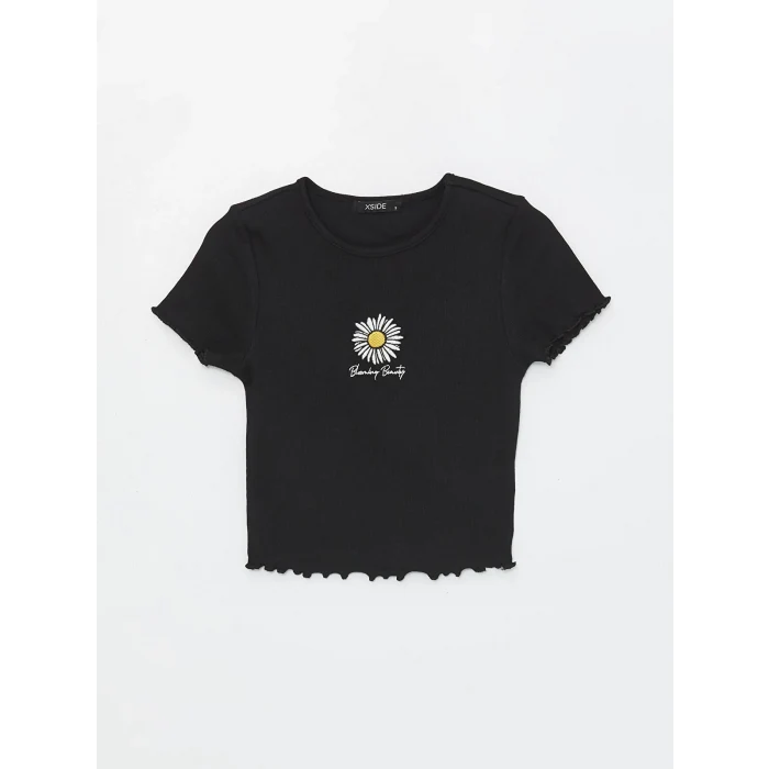 XSIDE Siyah Bisiklet Yaka Nakışlı Kısa Kollu Crop Kadın Tişört