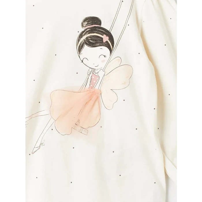 LCW Kids Ekru Bisiklet Yaka Uzun Kollu Baskılı Kız Bebek Bluz ve Tayt 2li Takım