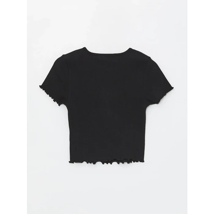 XSIDE Siyah Bisiklet Yaka Nakışlı Kısa Kollu Crop Kadın Tişört