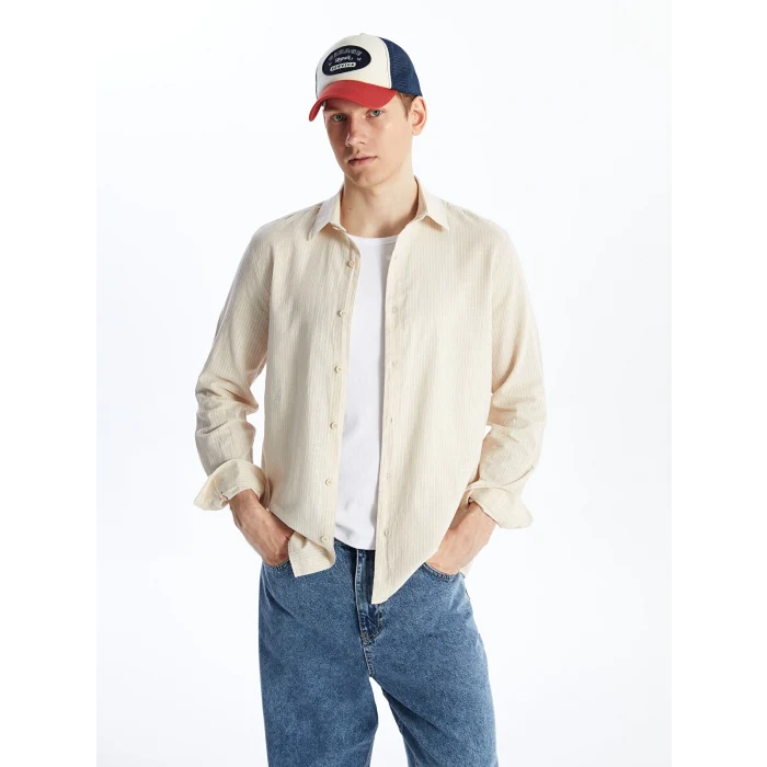 XSIDE Bej Regular Fit Uzun Kollu Keten Karışımlı Erkek Gömlek